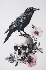 Fototapeta premium Minimalist collage featuring a raven, skull, and floral elements in a monochrome style