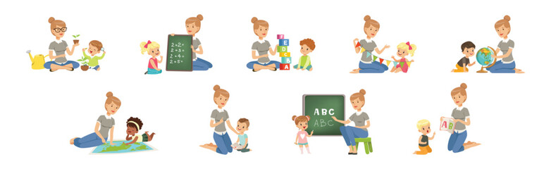 Teacher Educate Little Boy and Girl in Kindergarten Vector Set