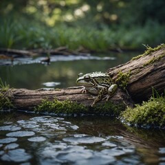 Obraz premium Frog Resting on a Fallen Log by a Pond. Frog in the pond. 