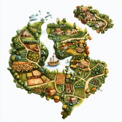 Illustrated Map of a Serene Countryside with River, Farms, Houses, and Greenery in a Vibrant Artistic Style