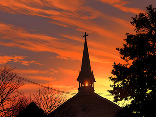 Serene Church Steeple Silhouetted Against Fiery Sunset with Dramatic Sky