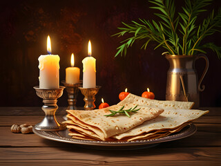Traditional Passover Seder Plate with Lit Candles and Symbolic Elements