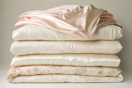 Stack of Cream and Rose-Patterned Bedding with Pink Silk Sheet