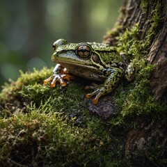 Frog Peeking Out of a Hollow Tree. Frog on the grass. 