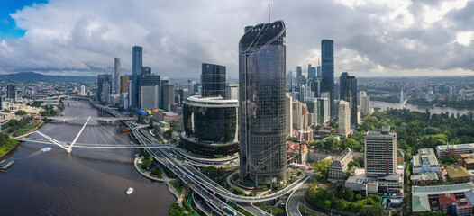 Aerial view of beautiful Brisbane city skyline with modern skyscrapers and the Brisbane River, Brisbane City, Australia.