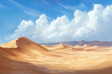 Naklejka premium A windy desert landscape with sand blowing over smooth dunes