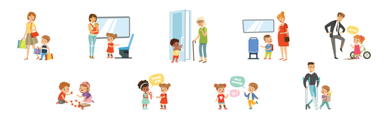 Kids with Good Manners and Polite Behavior Vector Set