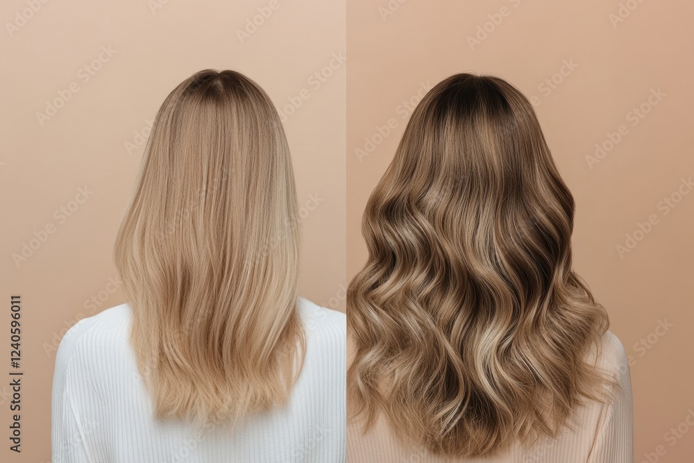 Aufkleber transformation of hair from thin and lifeless to thick and voluminous with waves. generative ai