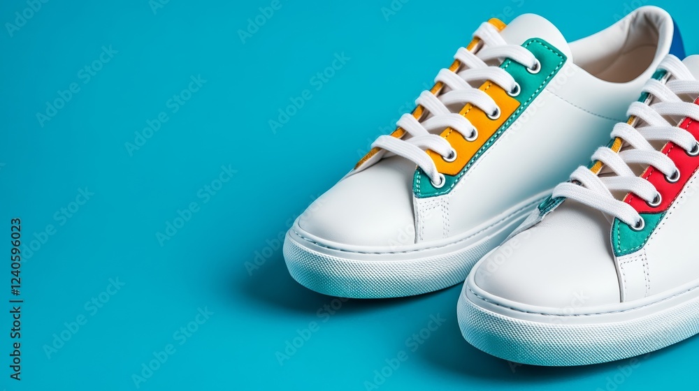 Poster a stylish pair of white sneakers with colorful details isolated on a gradient grey background with s