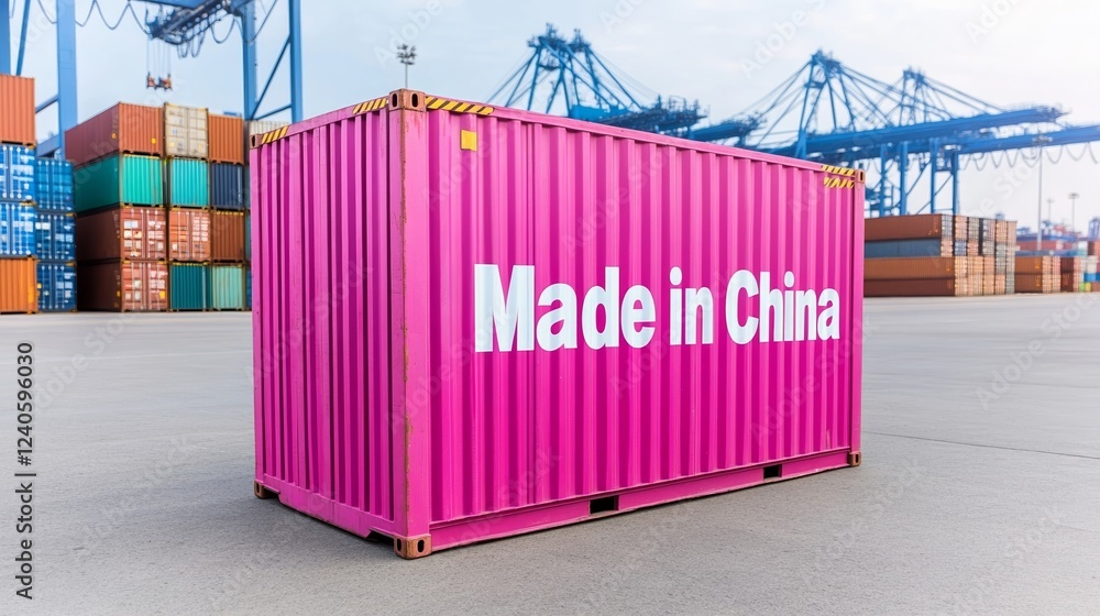 Poster a shipping crate with bold made in china stamps on its side placed in a busy international port with