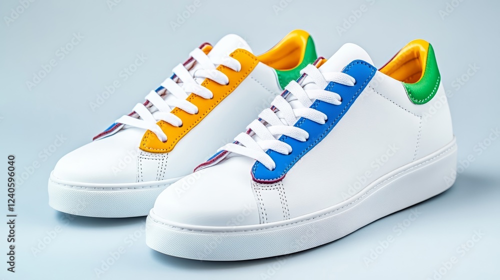 Aufkleber a stylish pair of white sneakers with colorful details isolated on a gradient grey background with s