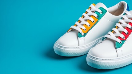 A stylish pair of white sneakers with colorful details isolated on a gradient grey background with space for text 