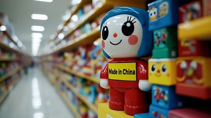 A vibrant toy shop filled with colorful plastic toys and dolls each with visible Made in China markings on the boxes 
