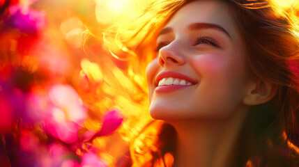 Fototapeta premium Smiling woman enjoying a vibrant sunset among colorful flowers in a serene outdoor setting
