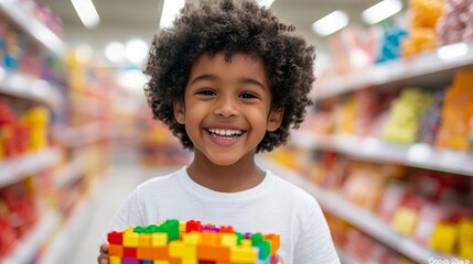 Child excitedly reaching for a colorful box of building blocks on a low shelf in a bright playful toy store with vivid decorations 