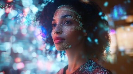 Woman, future tech, city night