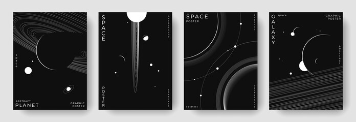 Set of abstract space astronomy backgrounds. Line art galaxy, universe, planet, solar system. Science future concept. Cosmic minimalist design for cover, poster, layout, banner, flyer, brochure