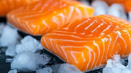 Close up of salmon fillets with their bright orange hue resting on crushed ice in a traditional fish market chilled freshness emphasized 