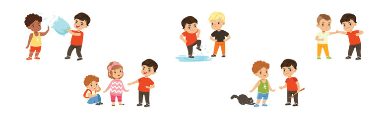 Warring Boy Kid Misbehave with Disobedient Behavior Vector Set