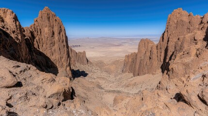 Fototapeta premium Desert mountain vista panoramic view from a rocky peak overlooking a vast, arid landscape under a clear blue sky