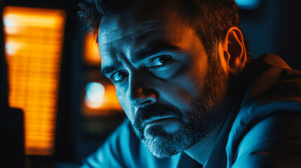 Intense expression of a man in a futuristic control room with glowing screens during a critical mission at night