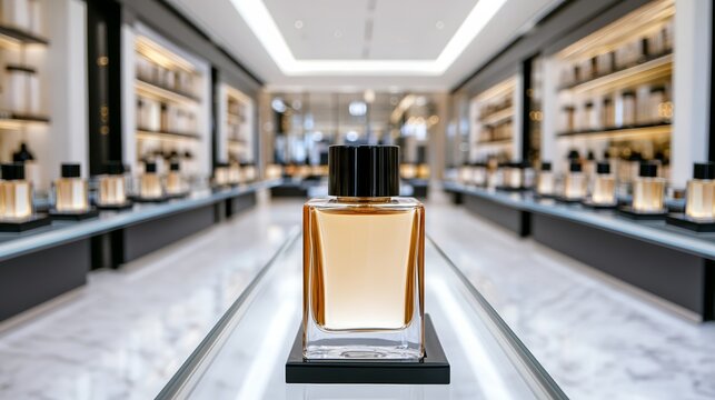 Duty free shop interior with luxury perfumes and cosmetics elegantly displayed on glass shelves bright lighting perfect for airport shopping ads 