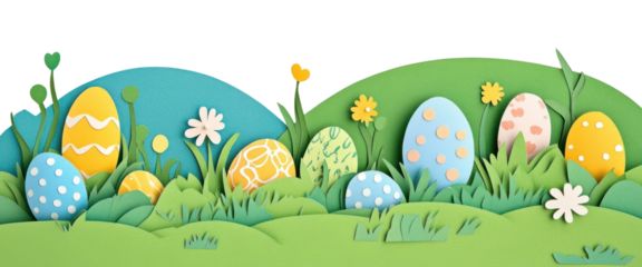 PNG Green field with cute easter eggs illustration paper celebration.