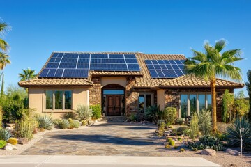 Naklejka premium A photo of an elegant home in suburban Arizona with solar panels on the roof, a stone front yard and driveway, surrounded by desert plants and palm trees. 