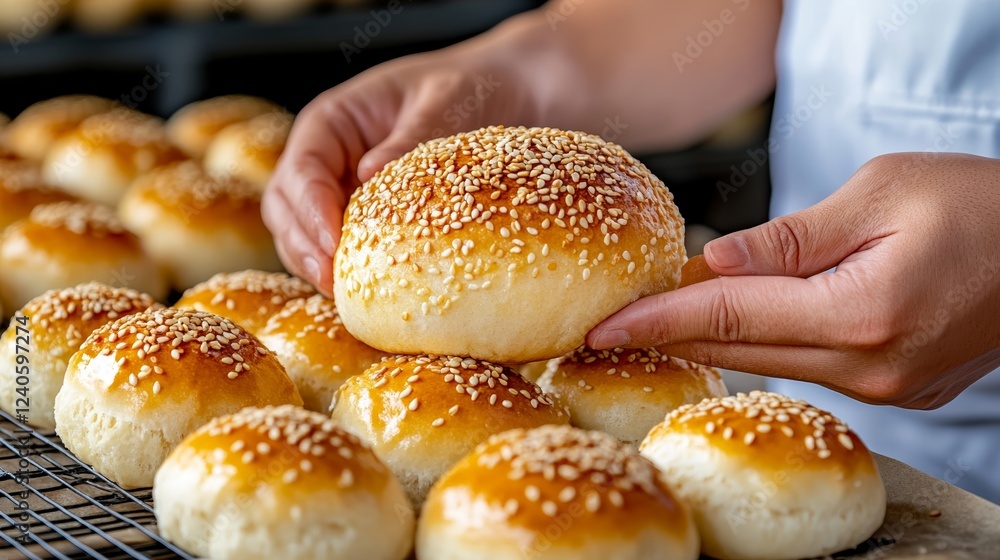 Poster hands picking up a sesame seed covered bun from a display table with rows of rolls and buns in the b