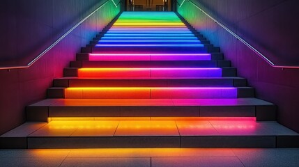 Fototapeta premium Rainbow LED stairs, night, urban, ascent, vibrant