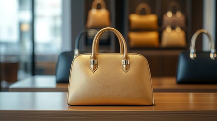 Fototapeta premium Leather handbags and satin scarves on wooden display tables inside French luxury shop with golden accents chic shopping ambiance 