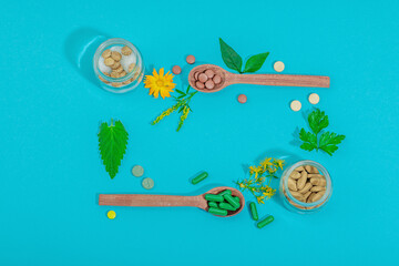 Plant based supplements, natural vitamins, fresh herbs and flowers. Organic ingredients medication