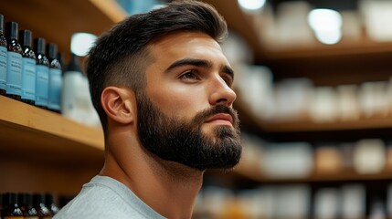 Man browsing a display of mens grooming products like shaving cream and beard oil in a chic industrial themed drugstore 