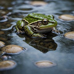Obraz premium Frog Sitting on a Pebble in a Stream. Frog in the pond. 