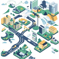 Urban Landscape Illustration with Roads, Buildings, and Natural Elements in a Colorful, Modern Design