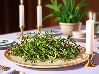Fresh Bitter Herbs Elegantly Arranged on Decorative Plate with Culinary Precision