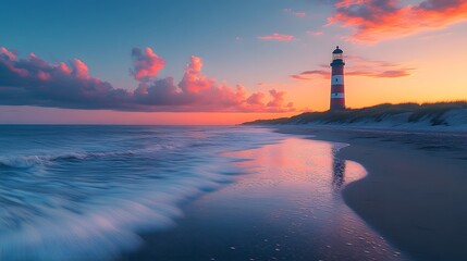 Fototapeta premium Captivating Long-Exposure Image of Cabo Polonio Lighthouse Against Soft Beach Waves at Twilight in Uruguay