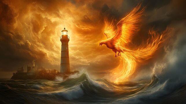 Phoenix Rising: A mythical phoenix soars through a fiery sky, its wings ablaze with brilliant colors. A sturdy lighthouse stands tall, a beacon of hope against the stormy seas.  