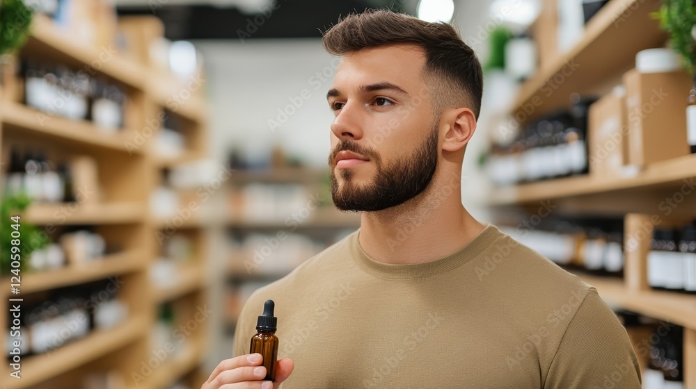 Poster man holding a small bottle of essential oil while browsing a wellness focused section filled with di