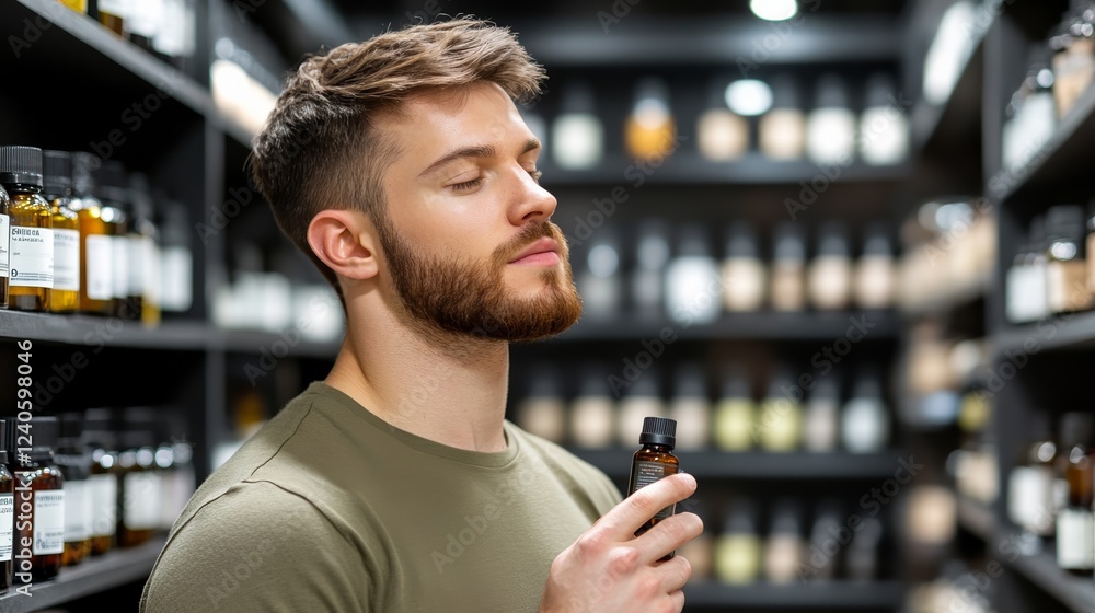 Poster man holding a small bottle of essential oil while browsing a wellness focused section filled with di