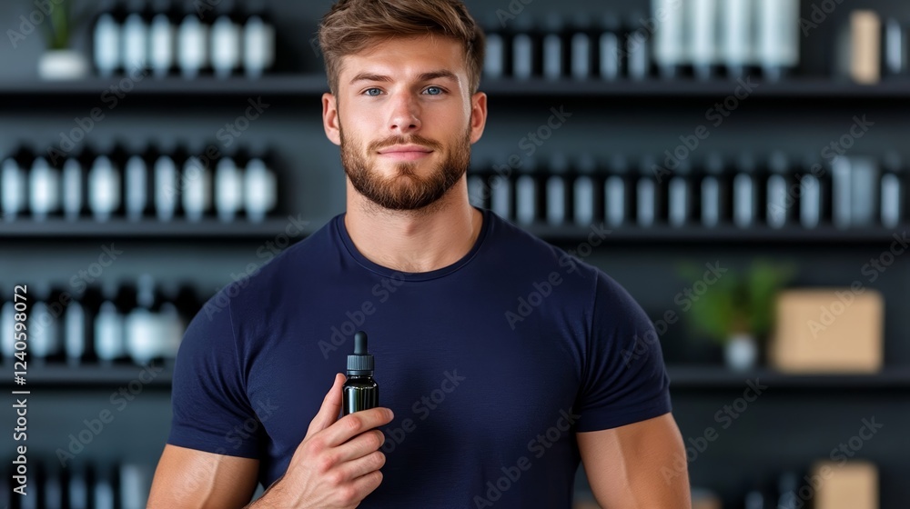 Poster man holding a small bottle of essential oil while browsing a wellness focused section filled with di