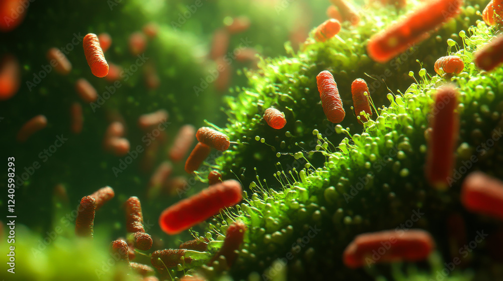 Poster colorful depiction of a bacterium surrounded by vibrant cellular structures under a microscope