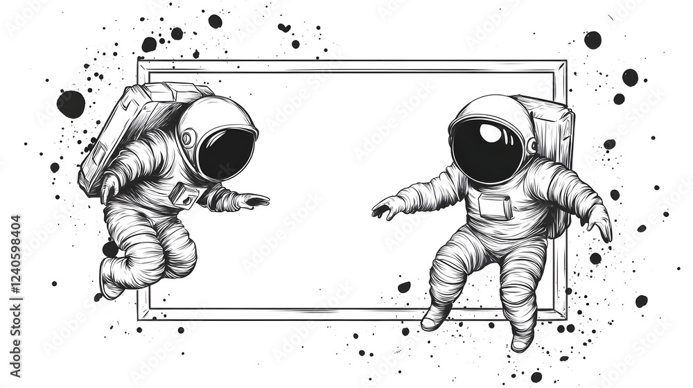 Poster two astronauts floating in space, surrounded by abstract splashes, creating a whimsical scene