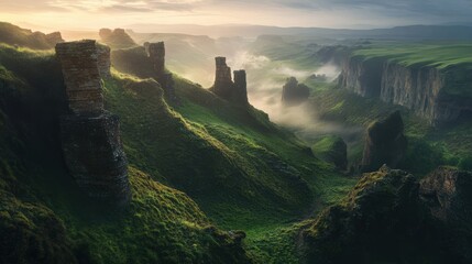 Majestic Green Valley Surrounded by Towering Rock Formations at Dawn
