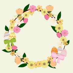 Decorative Easter Wreath with Flowers and Festive Eggs