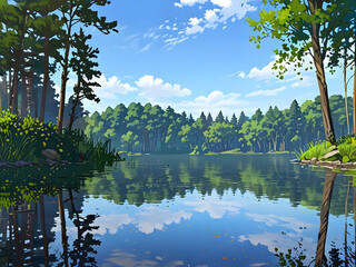 Serene Lake Mirroring Lush Forest and Cloudy Sky in Tranquil Anime Landscape