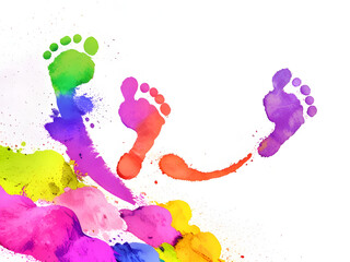 Vibrant Watercolor Footprints in Playful Holi Festival Color Palette