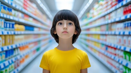 Mother selecting kids chocolate milk with playful packaging surrounded by a vibrant aisle filled with dairy products 