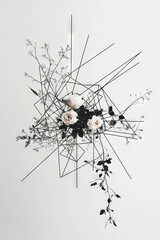 Minimalist collage featuring geometric shapes and flower elements on a white background