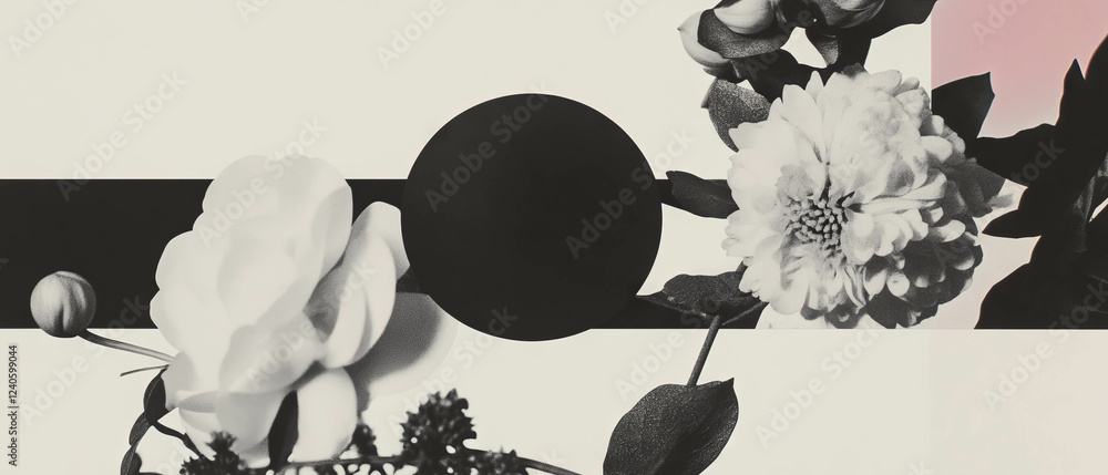Poster minimalist collage of geometric shapes and flowers with a digital audio player button
